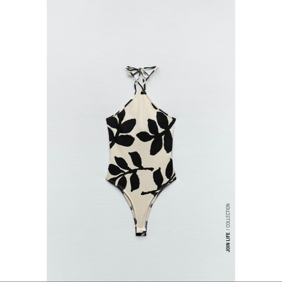 Zara Halter Neck Bodysuit | Black & Cream Print | NWT | Size L - Picture 2 of 6